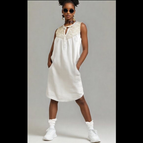 Stella Rosa Creamy Sand Linen Crochet Ascent Button V-Neck Dress, Size S… - Picture 4 of 5